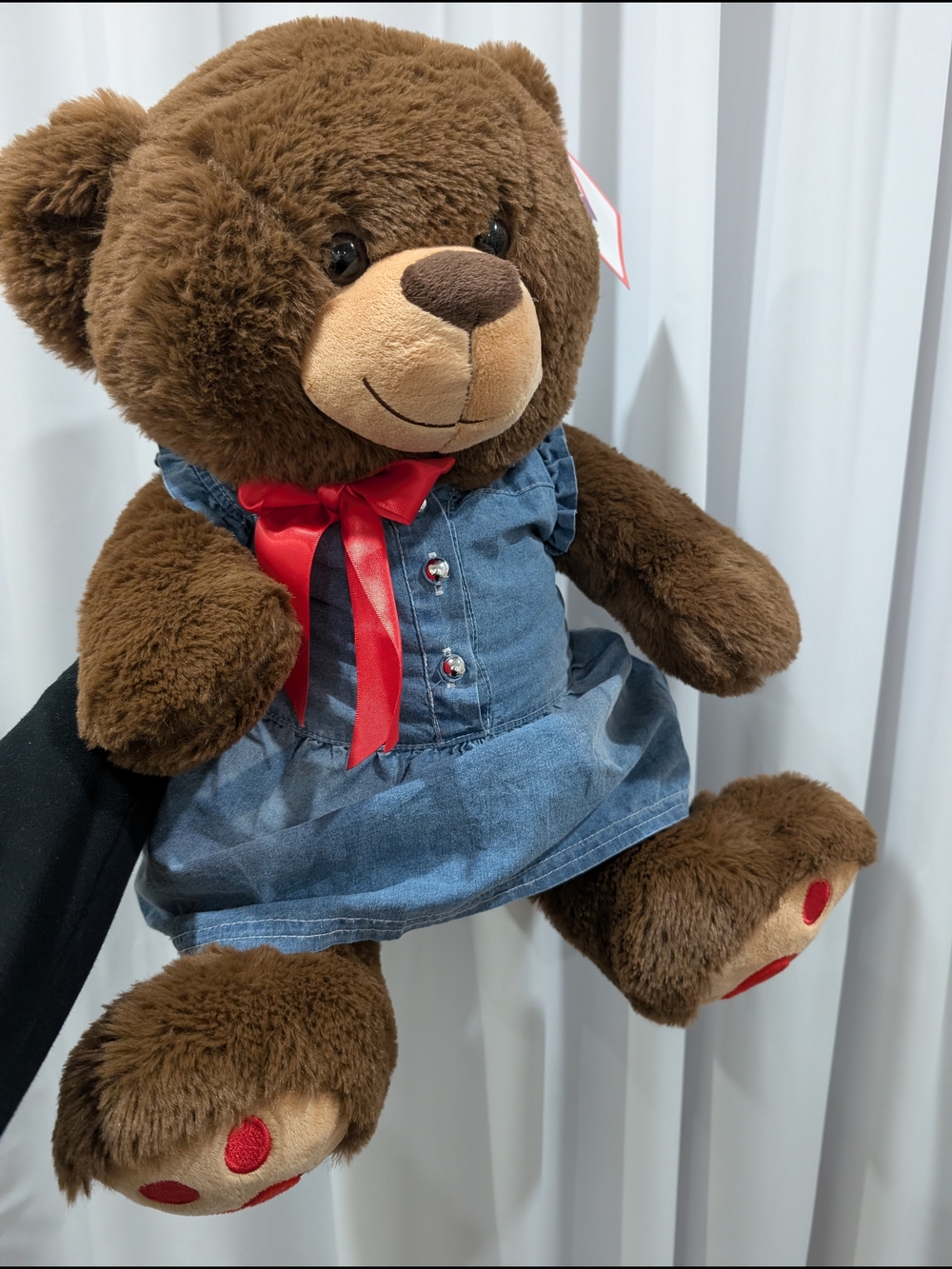 Classic Brown Plush Teddy Bear in Blue Dress with Red Bow